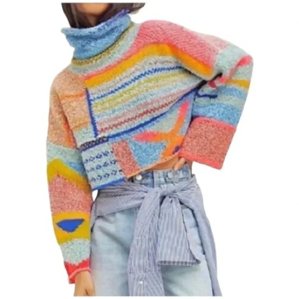 SINCERELY JULES |Boho Cozy Wool Blend Bring It Pullover Turtleneck Sweater Sz XS